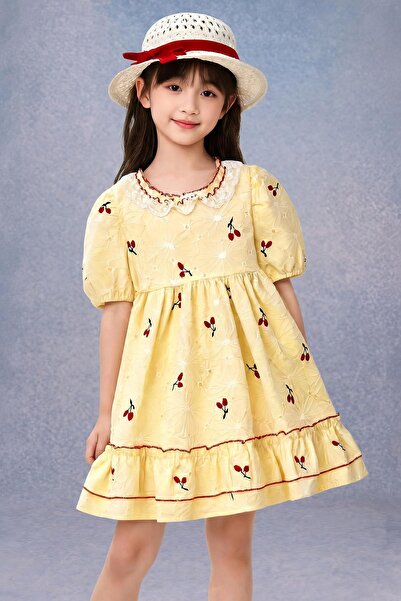 Perendi Girl's Cherry Embroidered Lace Collar Brode Dress with Hat - 100% Cot...