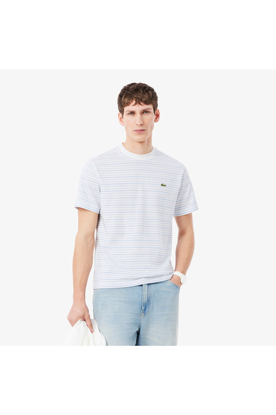 Lacoste Erkek Classic Fit Bisiklet Yaka Çizgili Beyaz T-Shirt