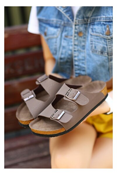 BellAyakkabı Women's Suede Textured Double Buckle Cork Sole Casual Slippers