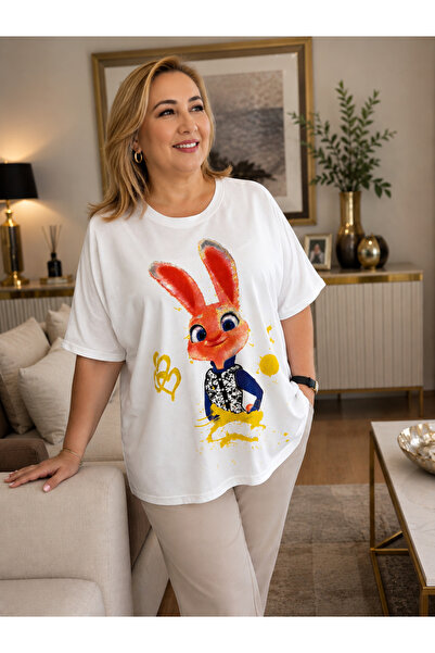 DOLCE VISSA Plus Size Crew Neck Rabbit Character Printed Stoned Pocket Short ...
