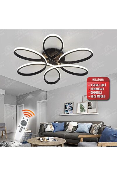 Elektroyou Star Siyah Kumandalı 3 Renk Ledli Dimmerli Plafonyer Modern Ledli ...