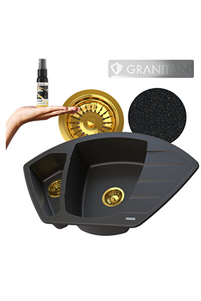 Granitan Pachet Chiuveta Granit Compact, 2 cuve, pentru colt, neagra cu parti...