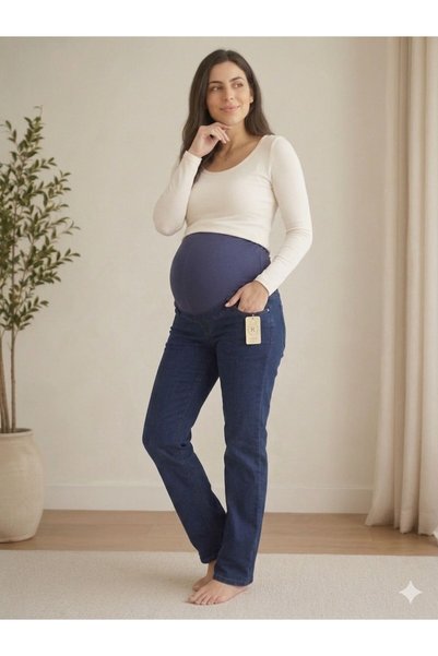 Green'DAL Yüksek Bel Esnek Bantlı Hamile Jean Pantolon - Rahat Kesim Denim Kot