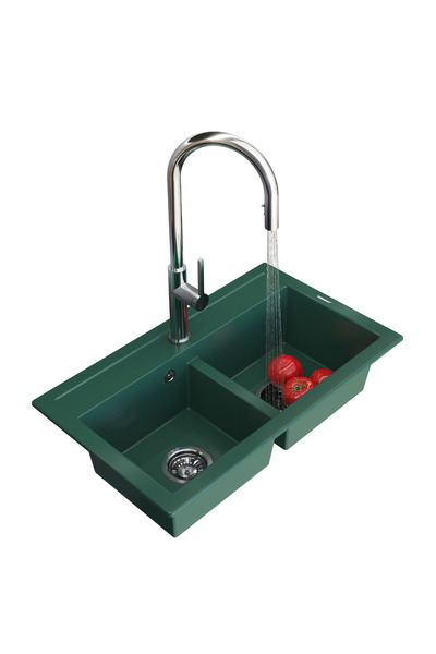 Granitan Chiuveta Granit DUET Verde, 74.6x44.2mm, cu baterie Prati si sifon
