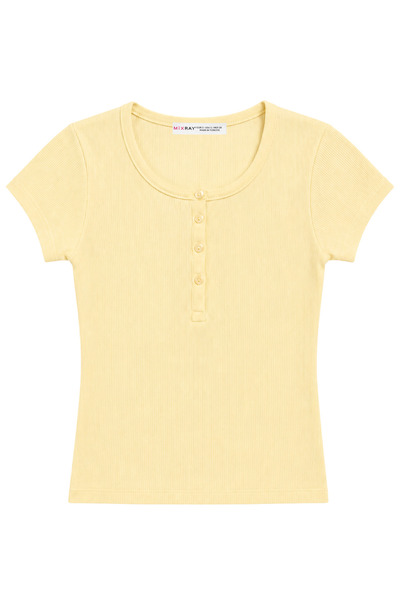 Mixray 2121 Kadın %100 Pamuk Kaşkorse Düğme Detaylı T-Shirt Sarı