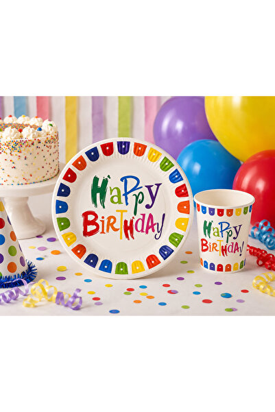 Partifabrik Rengarenk Happy Birthday Karnaval Karton Tabak Bardak Set 8 Tabak...
