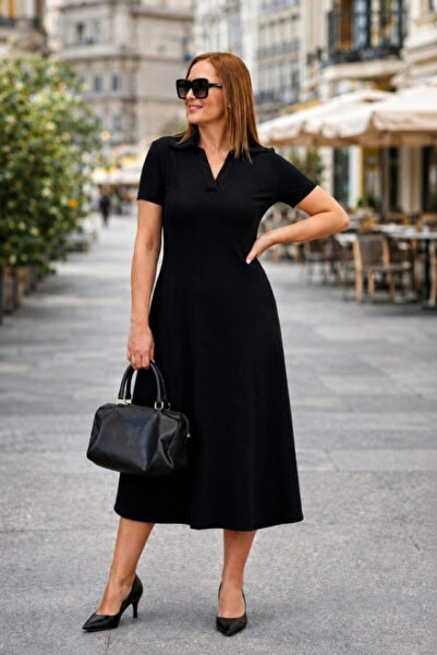 Efnaz style Women's Short Sleeve V Neck Midi Viscose Two Thread Dress