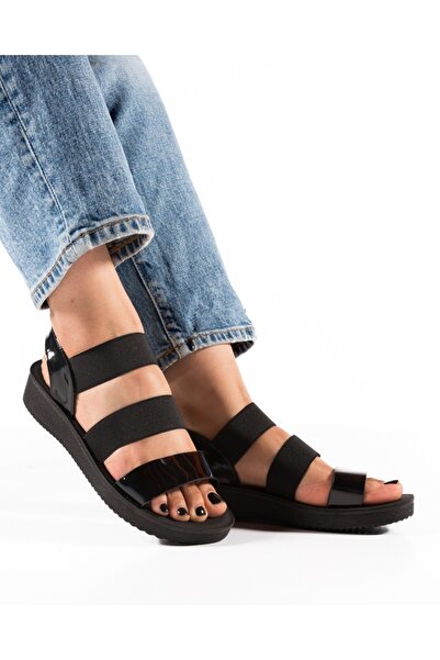 ALOGO Women's Shiny Black Sandals ribbed fabric Yiu