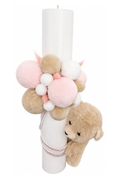 PRICHINDEL Lumânare de botez, nemuritoare, Ursuleț cu baloane roz, 35 cm, alb