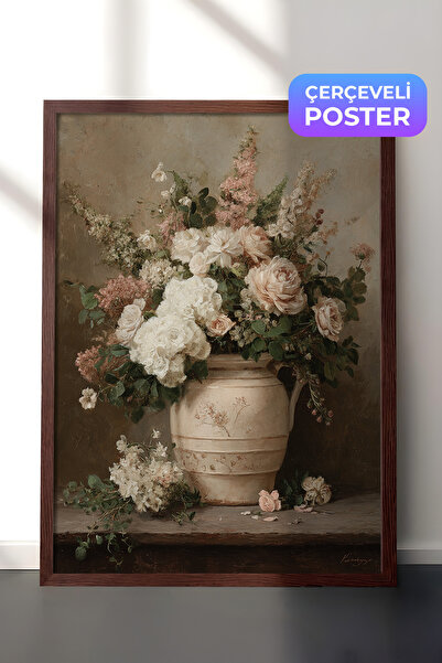 Zestia Vintage Duvar Tablosu, Saksıda Pastel Çiçekler Kahverengi Çerçeveli No...