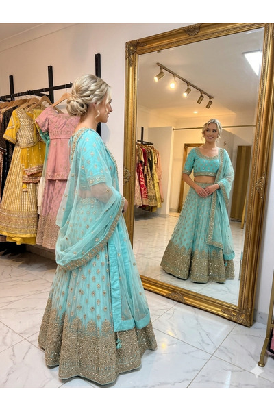Aashiv's Collection فستان زفاف هندي من نوع ليهينغا تشولي مطرز باللون الفيروزي