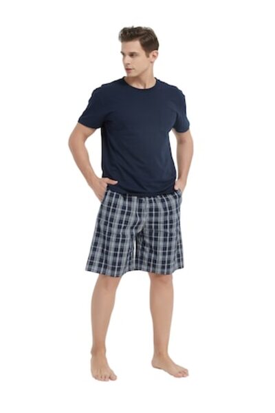 Global Pijama Barbat Bumbac, Tricou Maneca Scurta, Pantalon Scurt, Model Bluz...