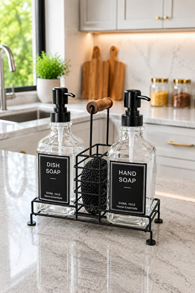 İnterlife Black Color Kitchen Liquid Soap Dispenser with Stand, Glass Bottle ...