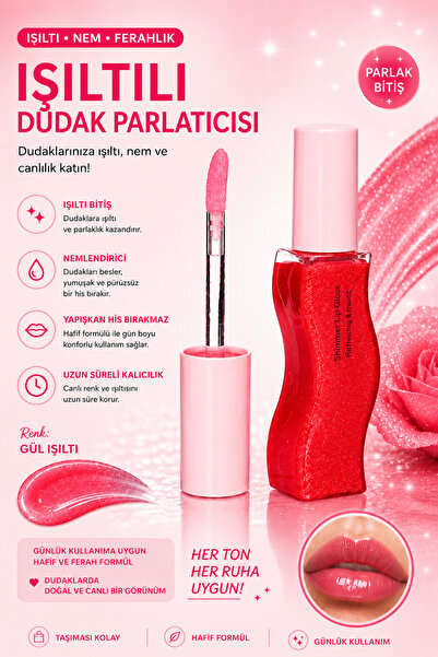 SETBEAUTY GÜL IŞILTI SİMLİ RENKLİ DUDAK PARLATICI RUJ – SHİMMER LİP GLOSS 02