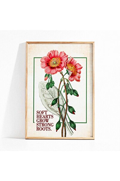 Botanique Tablou Botanic Vintage cu Bujori Roz și Citat Motivațional "Soft He...
