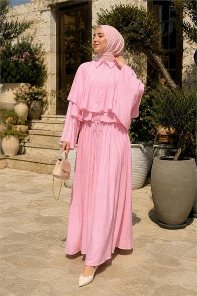 Neşeli Butik Women's Pink Layered Cape Detailed Tulle Modal Shirt Collar Hija...