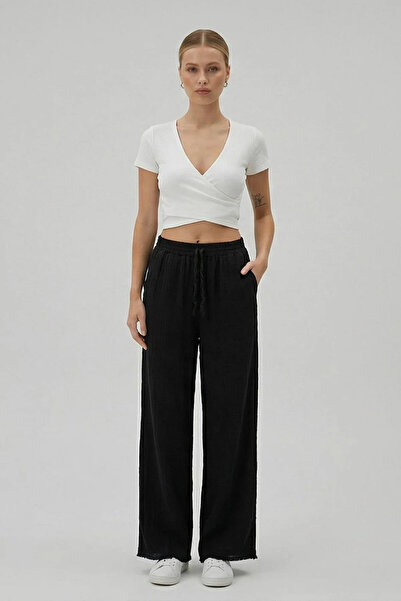 TRENDNATUREL Women's Elastic Waist Wide Leg Muslin Trousers %100 Cotton Wide ...