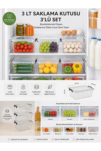 LOREMPBOX 3 Liter Lockable Transparent Storage Box Set of 3 – Stackable Refri...