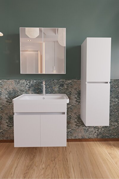 SAUBER'S Kervan Havlu Dolaplı, 65cm Seramik Lavabosu Dahil, MDF, Aynalı Banyo...