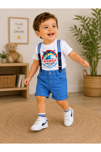 Chicsy Baby طقم شورت بحمالات مطبوع عليه هاواي للأولاد الصغار مكون من قطعتين 1...