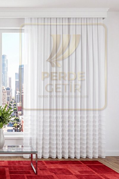 HERMOSA PERDE GETİR Danimarka Serisi Etek Çizgi Ponpon İşlemeli Keten Tül Per...