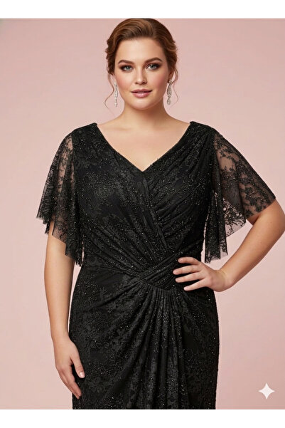 ANKYRA Sparkling Lace Sleeves Sequin Embroidered Elegant Model Long Evening D...