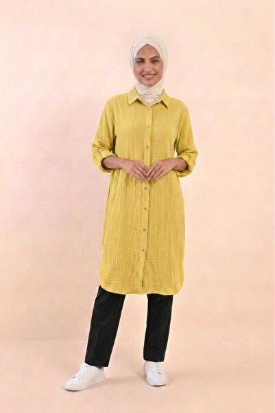 PORİENTO Yellow Women's 100% Cotton Muslin Fabric Long Sleeve Hijab Shirt Dre...