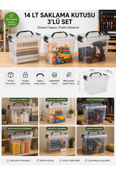 LOREMPBOX Cutie de depozitare transparentă cu mâner și sistem de blocare, 15 ...