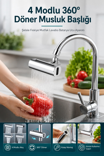 Tilbe Home 4 Modlu 360° Döner Akıllı Musluk Başlığı Şelale Fıskiye Mutfak Arm...