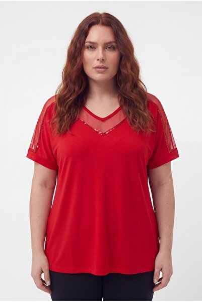 Ebsumu Women's Plus Size Tulle Detail Red Blouse