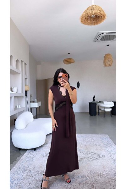 Buket Teke Plum Lace Detailed V-Neck Original Dress with Scarf