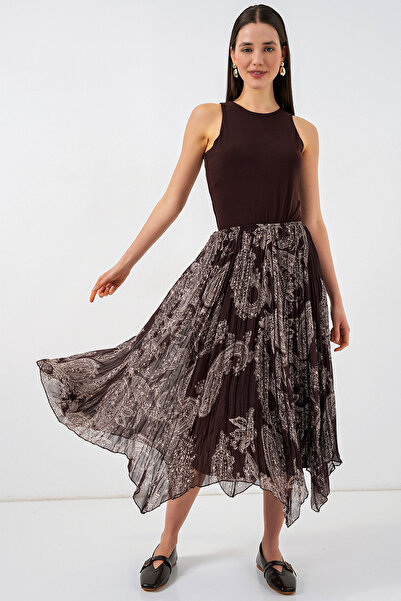 Merterium Women's Asymmetrical Tulle Chiffon Skirt 1477 - Brown