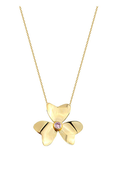 ORENA JEWELRY Pink Quartz Clover 14 Ayar Altın Kadın Kolye