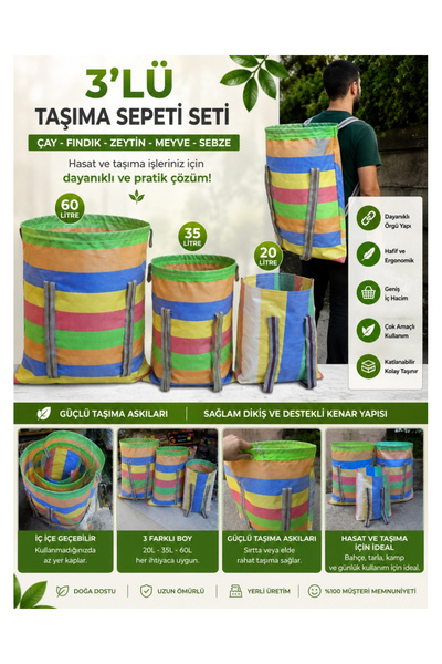 ÇAYLAR AVM Taşıma Sepeti 3 lü Büyük Orta Küçük Boy Dayanıklı Sırt Tipi Çay Fı...