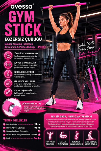AVESSA Gym Stick Egzersiz Çubuğu Sünger Kaplama Tutamaçlı Antrenman Pilates Ç...