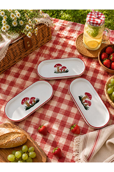 Yasvera Ceramics 3’lü mantar desen Oval sunum tabağı