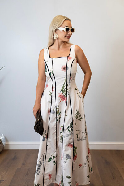 Muna Boutique Women's Floral Patterned Square Neck Long Dress - Black Piping ...