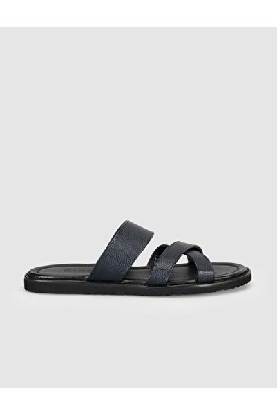 Cabani Genuine Leather Cross-Strapped Black Men's Slippers