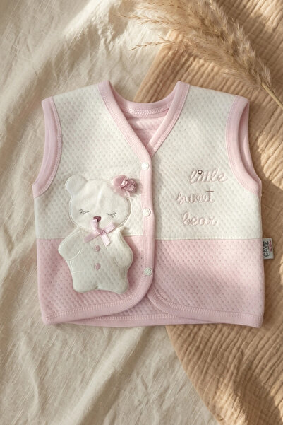 Babydonat Mila Sweet Bear Baby Girl Cotton Padded Vest - Powder Pink with Emb...