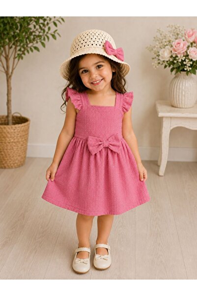 Kuzucuk Kids Bebek Çocuk Butik Kız Çocuk Yazlık Pembe Simli Elbise