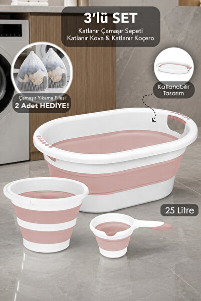 Meleni Home 3'lü Banyo Seti - 25 Lt Katlanabilir Çamaşı Sepeti Su Kovası Maşr...