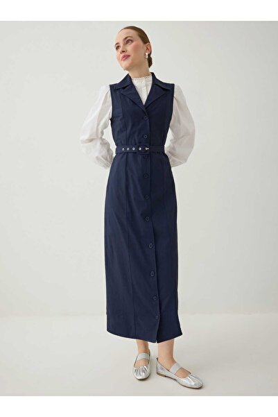 Benin Belt Detailed Buttoned Sleeveless Hijab Dress - Navy Blue -