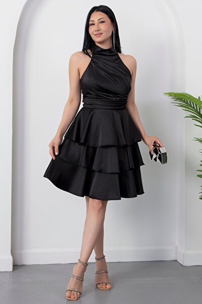 PULLIMM Halter Yaka Katlı Saten Elbise DRP565
