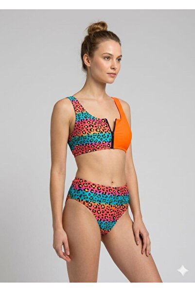 aykidsclup Zipper Detailed Colorful Leopard Bikini 1048-