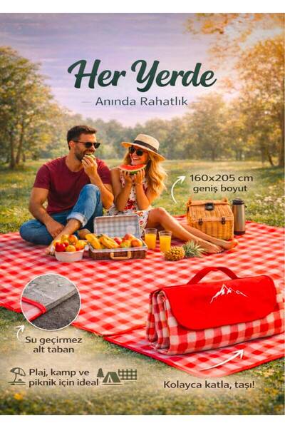 ERKUGO Su Geçirmez Piknik Örtüsü, Kendinden Çantalı Büyük Boy Masa Örtüsü 160...