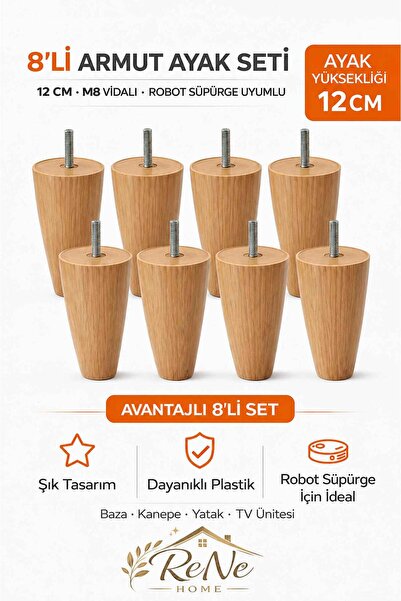 ReNe HOME Armut Mobilya Ayağı 8 Adet 12 cm (Açık Meşe) Robot Süpürgeye Uyumlu...