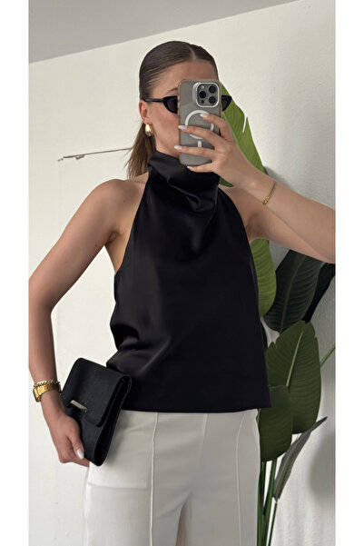 asfamoda Women's Black Degaje Collar Backless Satin Blouse