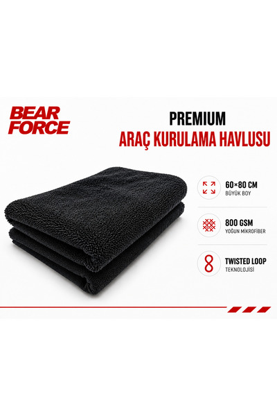 ROBEVE Bear Force Araç Kurulama Havlusu 60x80 cm 800 GSM Twisted Loop Mikrofi...