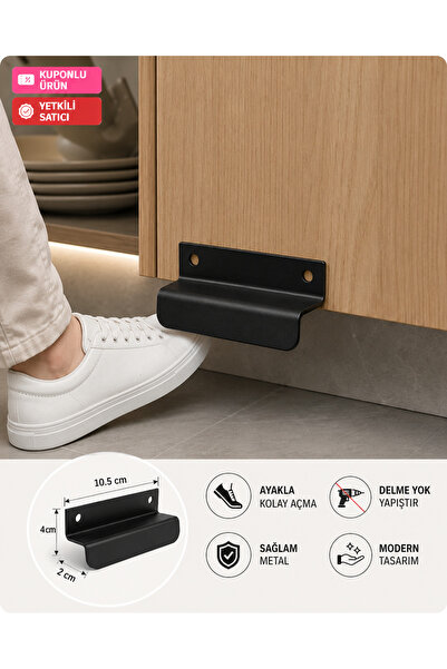 YDGR Mat Siyah Metal Dolap Kulpu Yapışkanlı Ayakla Kapak Açma Aparatı 10x4 Cm