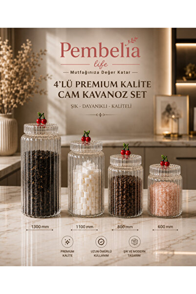 Pembelia Life 4’lü Kiraz Detaylı Cam Lüks Çay Şeker Kahve Tuz Saklama Kavanoz...